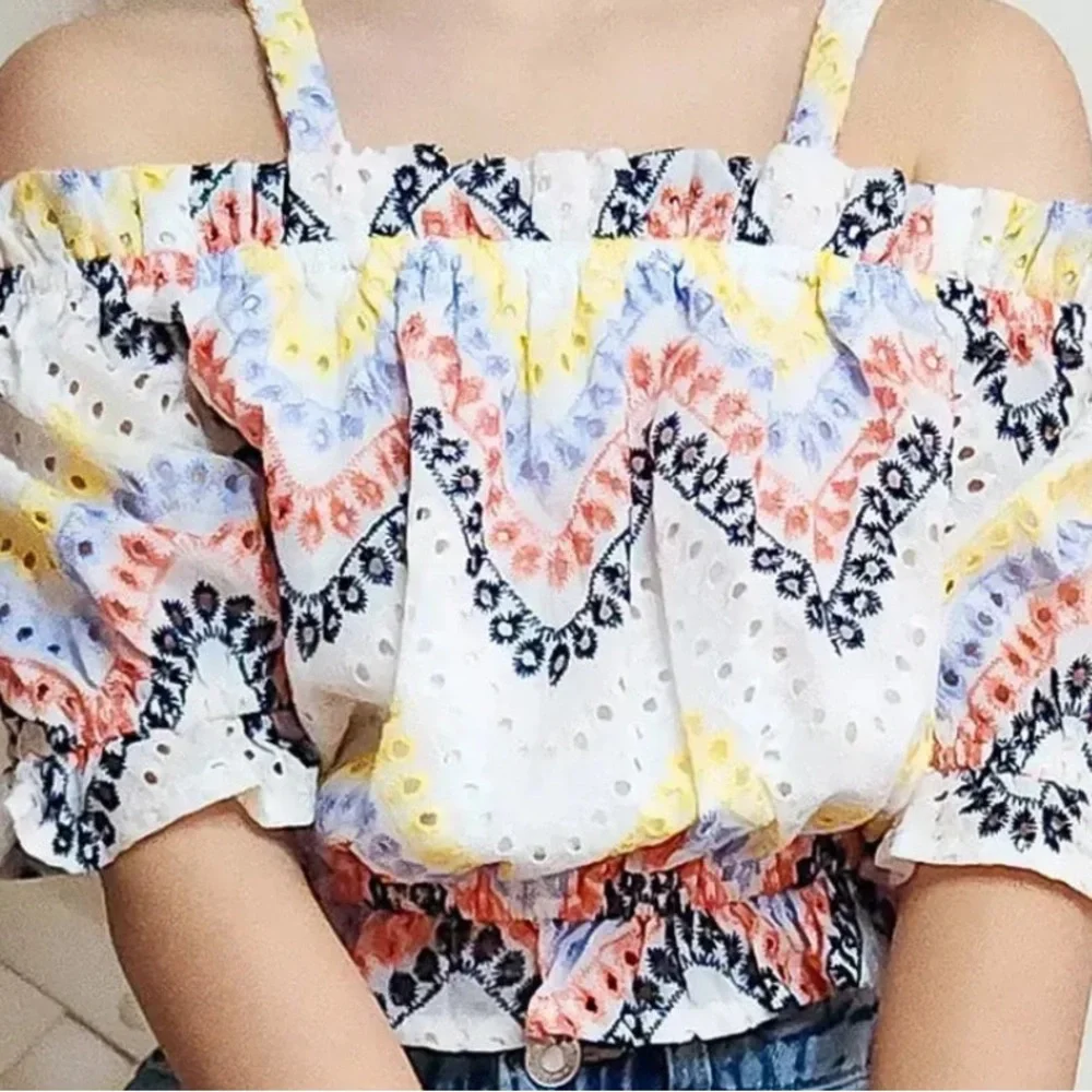 Kids Floral ruffle cold shoulder multicolor top. - Picture 2 of 5